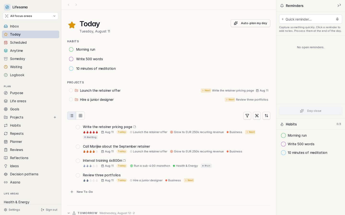Lifesama Today list with habits, projects and tasks